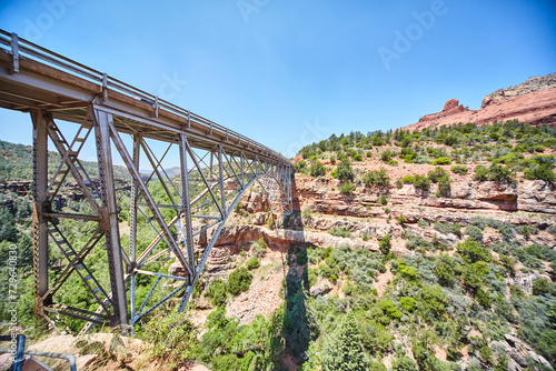 Steel Bridge Over Red Rock Canyon, Clear Sky - Sedona Desert Perspective
