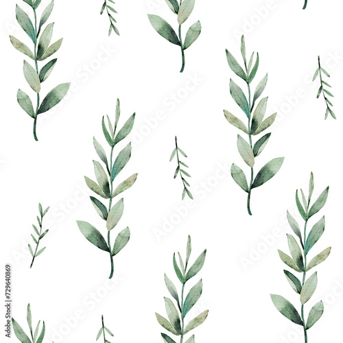 Watercolor seamless pattern with green eucalyptus branches.