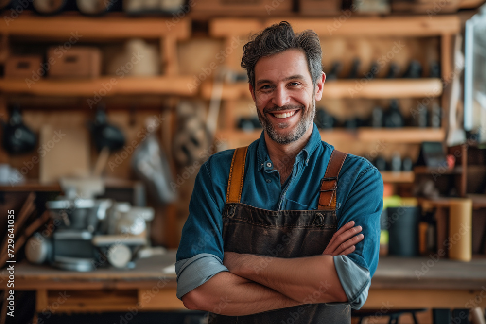 Obraz premium Small business owner testimonial image, matured senior person wearing an apron in the studio, Elder man standing with his arms crossed, Portrait of a craftsman standing with in the workshop studio