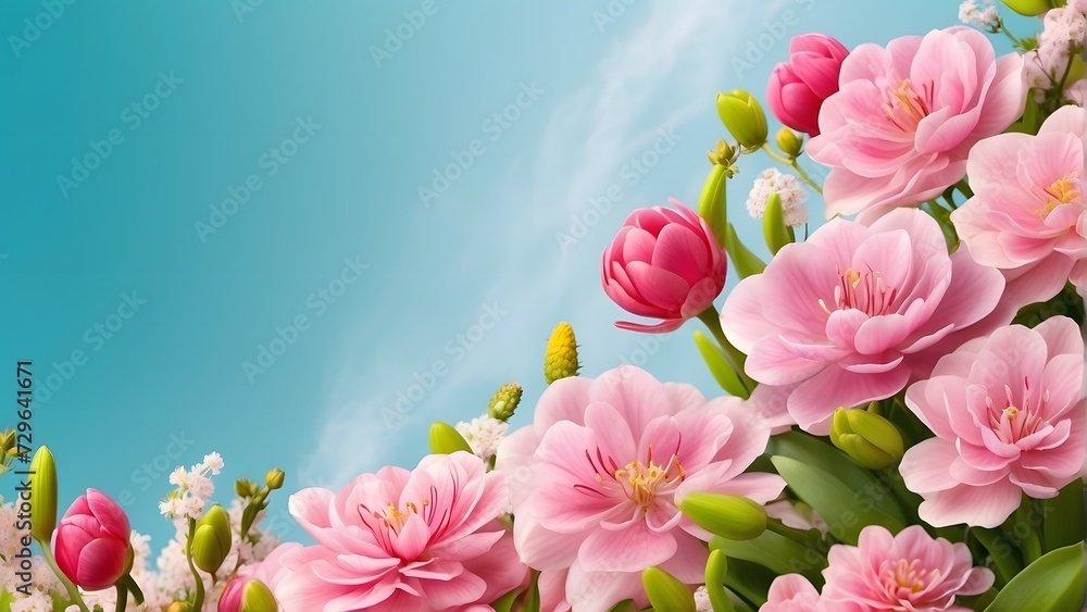 Pink artificial flowers on blue sky background. Floral spring background.