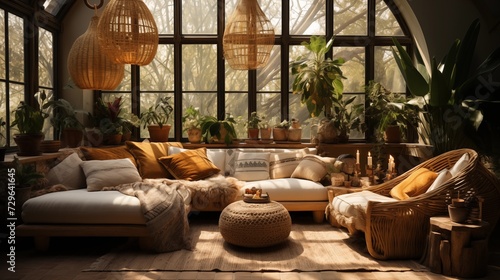 Design a boho-inspired space with woven textures, earthy tones, and plenty of plants