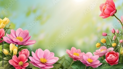 Spring background with pink flowers and green leaves. Vector Illustration.