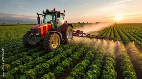 Tractor spraying pesticides in vegetable field 