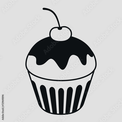 Black and white drawing of a cupcake with a cherry on top. Vector on a gray background