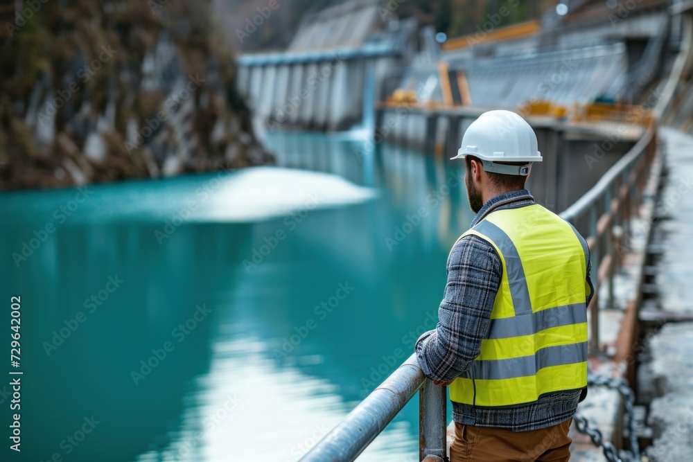 A Dam Construction Engineer Wearing a Hard Hat and Safety Vest check the situation on a Dam A Dam Construction Engineer Wearing a Hard Hat and Safety Vest check the situation on a Dam