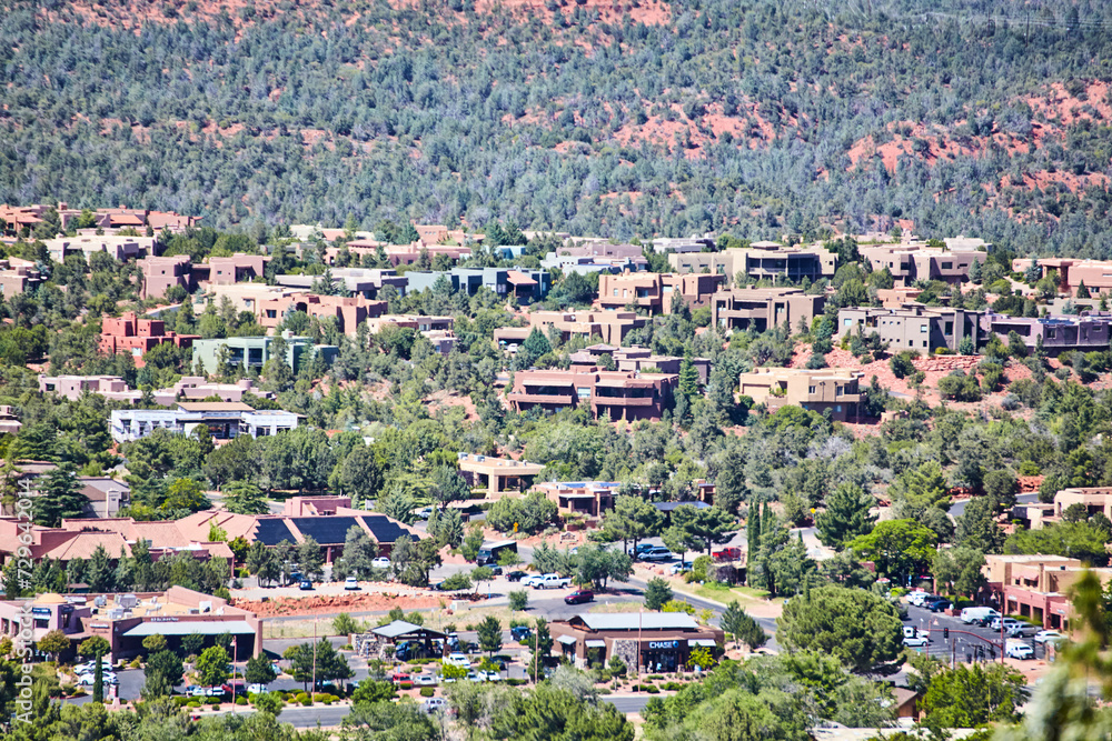 Southwestern Residential Area with Commercial Foreground, Sedona High Angle View