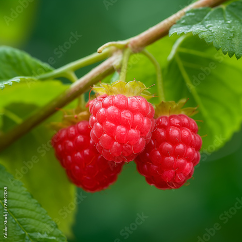 close-up of a fresh ripe red raspberry hang on branch tree. autumn farm harvest and urban gardening concept with natural green foliage garden at the background. selective focus photo