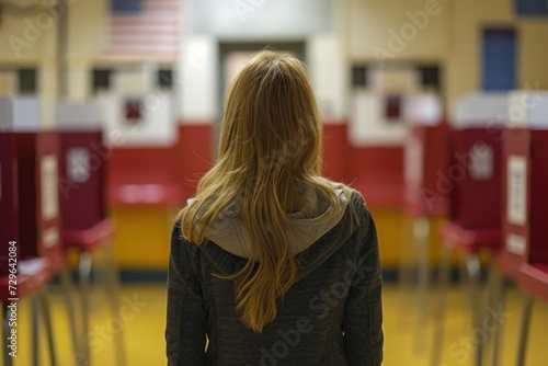 Woman Standing in Front of Row of Red Chairs, Election Vote