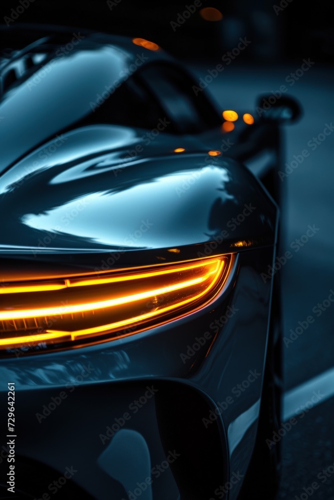 Close up front headlight with yellow xenon light on black sport car at evening scene. AI generated - obrazy, fototapety, plakaty 
