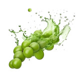 realistic fresh ripe green wet isabella grapes with slices falling inside swirl fluid gestures of milk or yoghurt juice splash png isolated on a white background with clipping path. selective focus