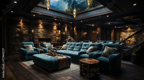 Design a home theater seating arrangement with reclining chairs and a dedicated movie screen