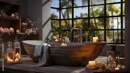 Design a home spa with a soaking tub  plush towels  and calming aromatherapy