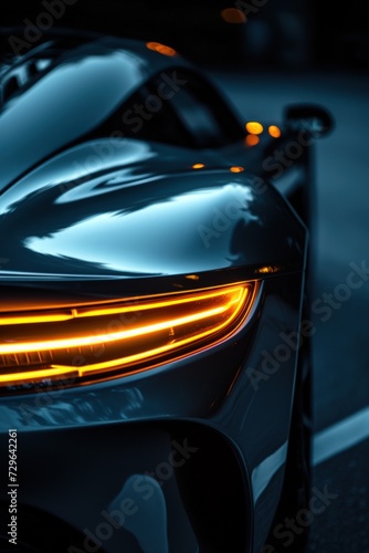 Close up front headlight with yellow xenon light on black sport car at evening scene. AI generated photo