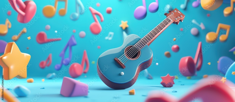 3d rendering Music Instrument a guitar illustration in cartoon plastic Style. AI generated image