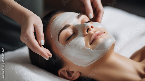 Closeup of a cosmetologist applying facial mask on face of a beautiful woman. Skin care, treatment, spa Center,. cosmetology, beauty, anti-aging, treatment, rejuvenation, body care concept 
