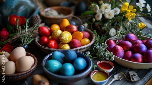  a table topped with bowls filled with lots of different colored eggs and eggs in bowls on top of a table next to other bowls with flowers and eggs in them. © Anna