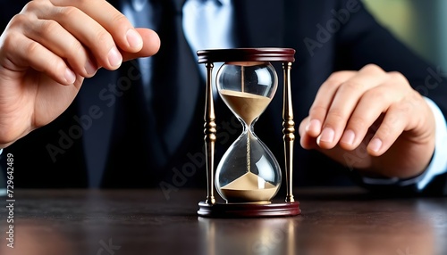 Businessman closeup Hand holding a Hourglass background in office created with generative ai 