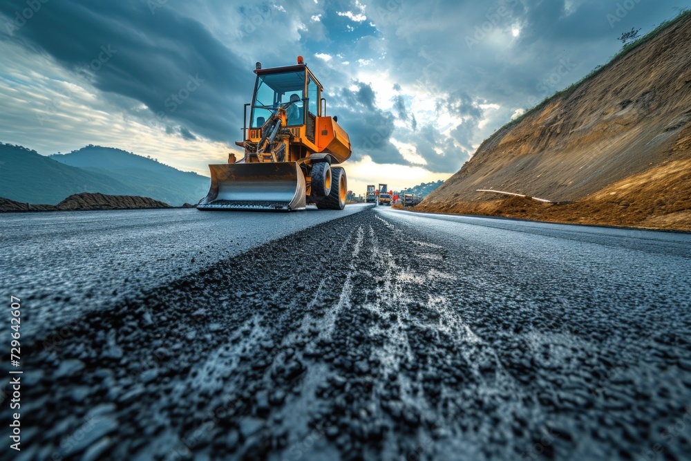 Large Truck Driving Down Road Next to Mountain, laying new asphalt pavement Large Truck Driving Down Road Next to Mountain, laying new asphalt pavement