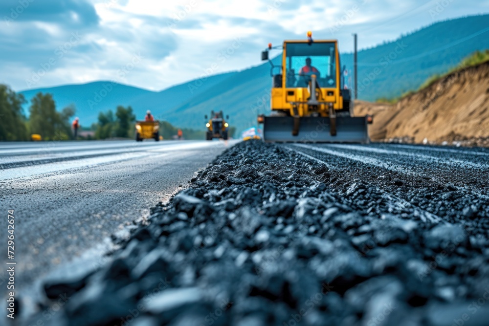 Yellow Bulldozer Driving Down Road Next to Hill, laying new asphalt pavement Yellow Bulldozer Driving Down Road Next to Hill, laying new asphalt pavement
