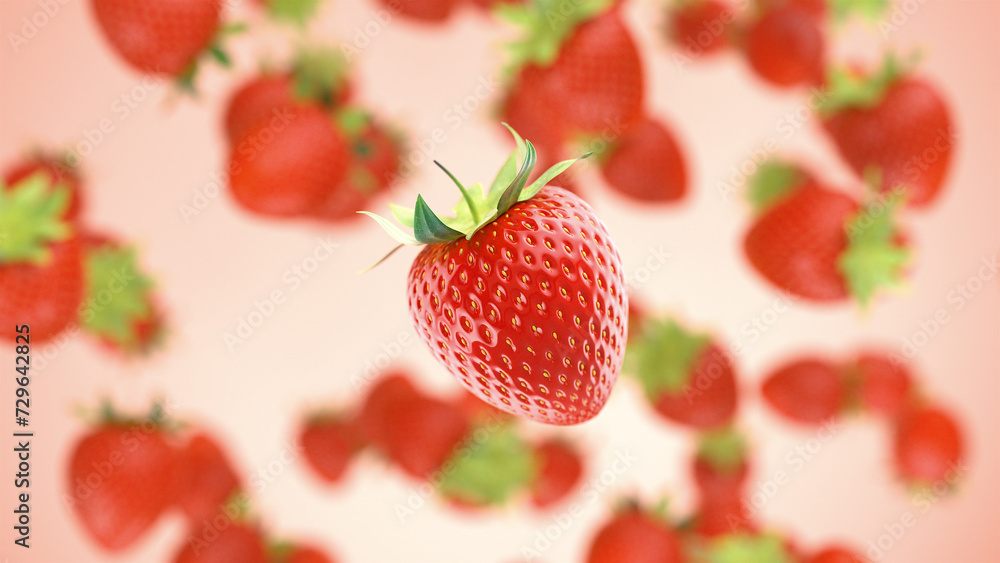 A whole strawberry flies in and spins against a background of strawberries.