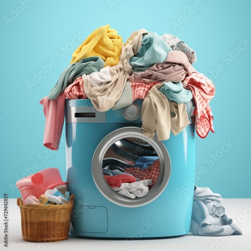 fully loaded top load laundry machine with a blue backdrop