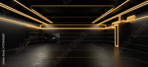 Wallpaper Mural wide background banner of a dark empty garage, hangar with gold yellow neon lights in a minimalism architecture. ai generative Torontodigital.ca