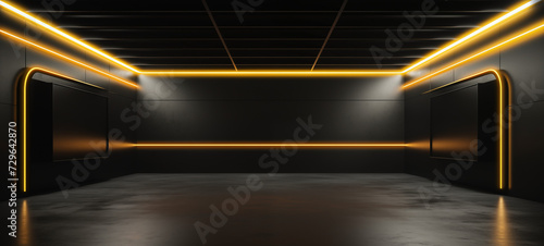 Wallpaper Mural wide background banner of a dark empty garage, hangar with gold yellow neon lights in a minimalism architecture. ai generative Torontodigital.ca