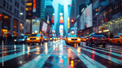 Defocused background with bokeh effect of New York street, dusk, evening street with taxis, cars and lit lights, wet after the rain