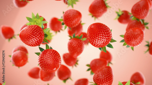 Fresh Strawberries floating against red background