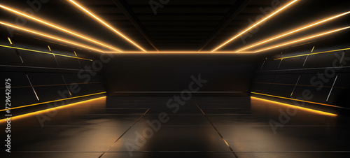 Wallpaper Mural wide background banner of a dark empty garage, hangar with gold yellow neon lights in a minimalism architecture. ai generative Torontodigital.ca