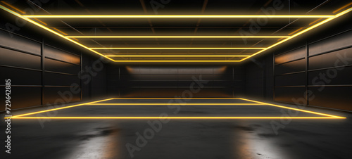 Wallpaper Mural wide background banner of a dark empty garage, hangar with gold yellow neon lights in a minimalism architecture. ai generative Torontodigital.ca