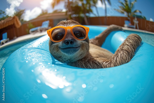 Cheerful happy sloth with sunglasses swimming in the pool on an inflatable blue circle. Concept of fun holidays in vacation