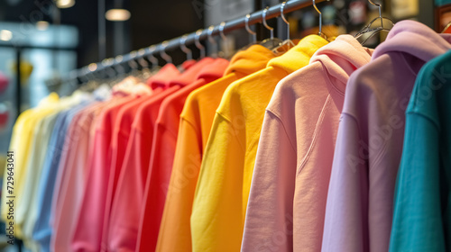 Row of colorful pastel colors casual attire hoodies on hangers in clothing shop close up, modern clothes in boutique