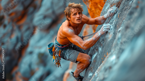 an athlete climbing a steep cliff. Safety equipment is clearly visible and there are chalk marks on the rock, highlighting the athleticism and skill required for the sport.