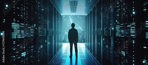 A mysterious hacker standing alone in a dark server room. AI generated image