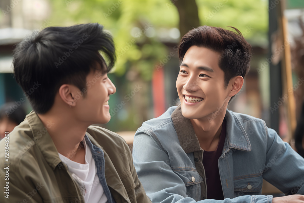 two young asian men talking smiling happy friends sitting in street near trees spring sunlight handsome friendship warm bond guys upbeat outdoors denim shirts in their twenties asia korean japanese two young asian men talking smiling happy friends sitting in street near trees spring sunlight handsome friendship warm bond guys upbeat outdoors denim shirts in their twenties asia korean japanese