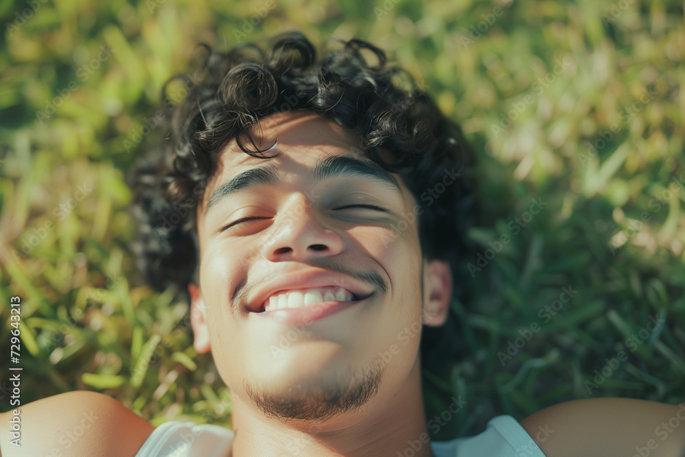 close-up portrait of a young latino man relaxing in the grass closed eyes bright smile hispanic happy joyful handsome fit healthy tanned playful smiling latin white tank top cheerful curly hair close-up portrait of a young latino man relaxing in the grass closed eyes bright smile hispanic happy joyful handsome fit healthy tanned playful smiling latin white tank top cheerful curly hair