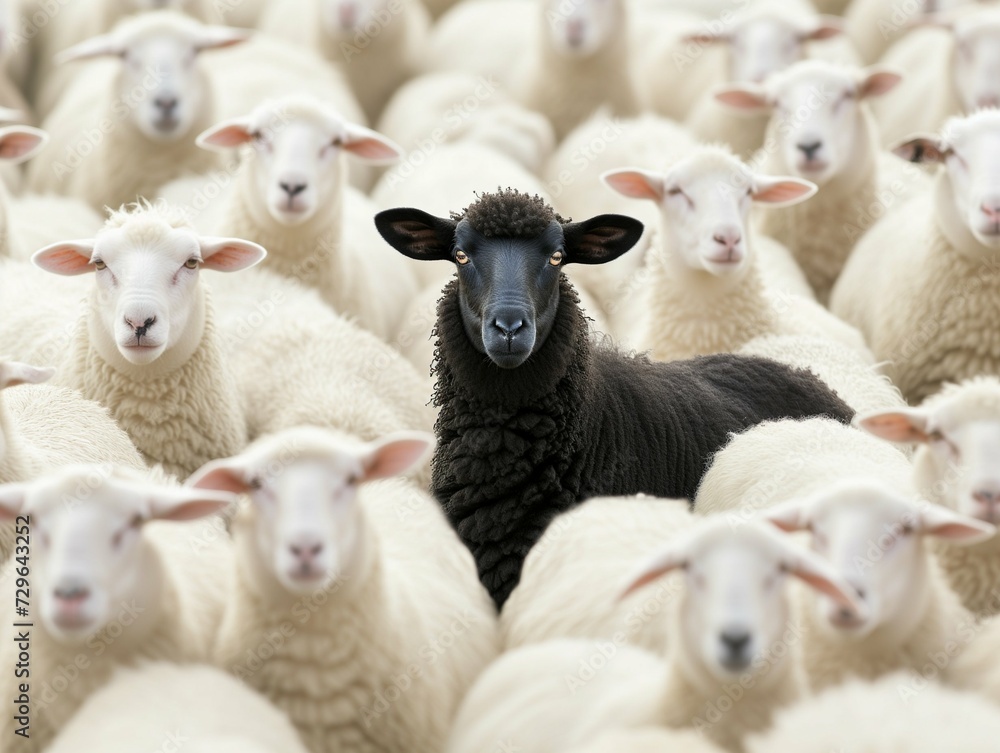 A black sheep among a flock of white sheep, raising head as a leader - Concept of standing out from the crowd, of being different and unique with its own identity and special skills among the others A black sheep among a flock of white sheep, raising head as a leader - Concept of standing out from the crowd, of being different and unique with its own identity and special skills among the others