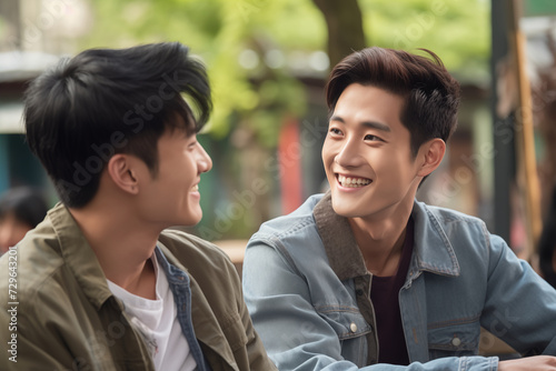 two young asian men talking smiling happy friends sitting in street near trees spring sunlight handsome friendship warm bond guys upbeat outdoors denim shirts in their twenties asia korean japanese photo