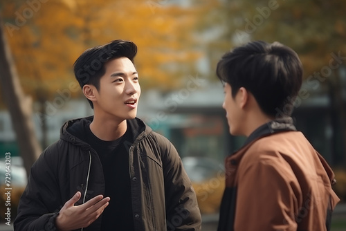 two young asian men having a passionate discussion students on university campus smiling friends in the park trees autumn handsome yellow brown friendship warm bond happy guys upbeat outdoors 