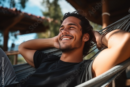 handsome man relaxing in a hammock big smile happy hispanic joyful white teeth on vacation holidays sunlight black tshirt tanned attractive muscular fit healthy playful look latin trees 