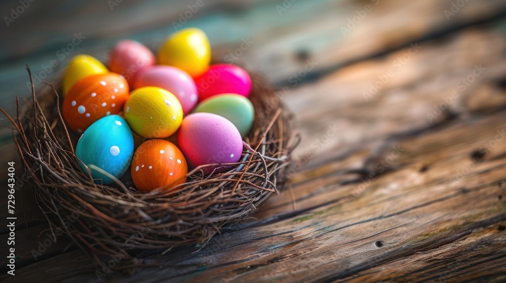 a bird's nest filled with colored eggs on top of a wooden table next to a wooden planked wall and a wooden table top with a wooden planks. a bird's nest filled with colored eggs on top of a wooden table next to a wooden planked wall and a wooden table top with a wooden planks.