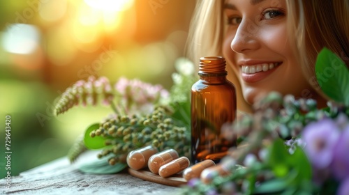 Natural remedies: herbal therapy, medicines, drugs, tincture, infusion, homeopathy for holistic health and wellness solutions in alternative medicine practices. photo