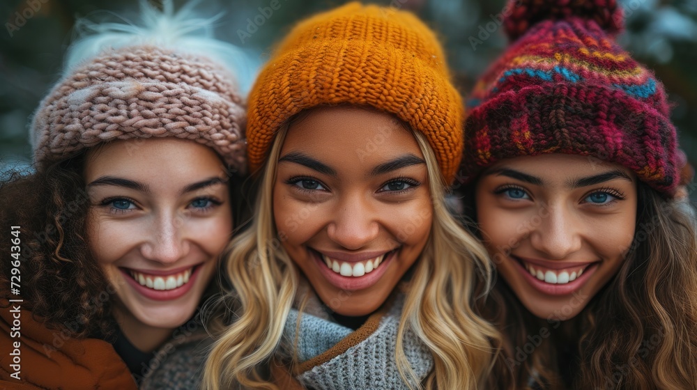 Three Friends Smiling in Winter Hats Three Friends Smiling in Winter Hats