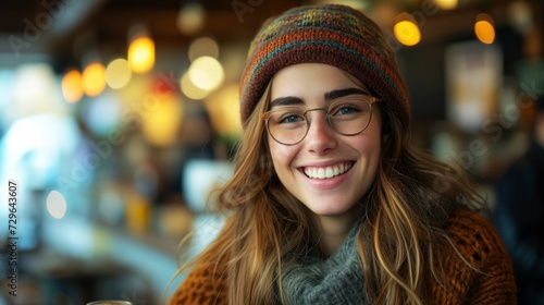 Smiling Woman in Café Wearing a Beanie and Glasses