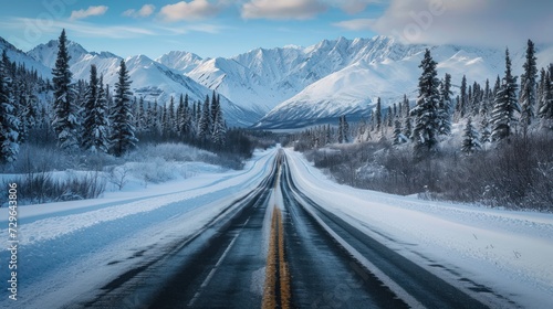  a road in the middle of a snow covered mountain range with a line of trees on both sides of the road in front of the snow - covered mountain range. © Anna