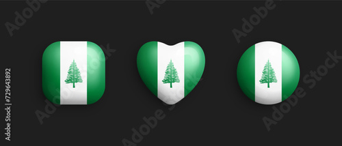 Norfolk Island Official National Flag 3D Vector Glossy Icons In Rounded Square  Heart And Circle Shape Isolate On Black Backdrop. Sign And Symbols Graphic Design Elements Volumetric Buttons Collection