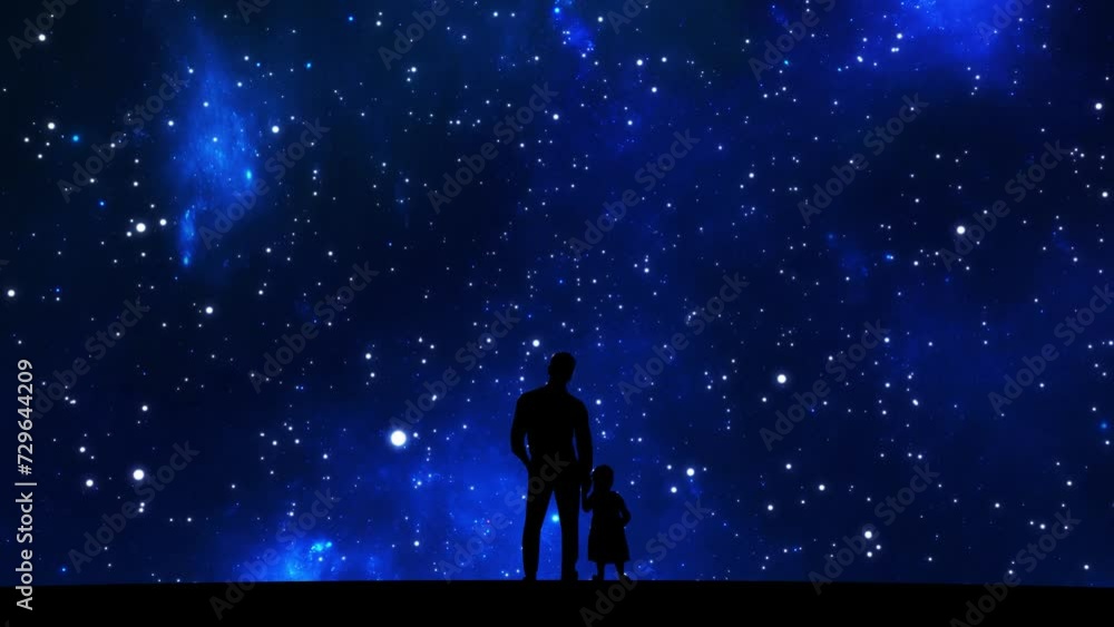 Silhouette of father and daughter against a starry sky and stars flying by. Parent and child on the background of blue fantastic constellations. High quality 4k footage Silhouette of father and daughter against a starry sky and stars flying by. Parent and child on the background of blue fantastic constellations. High quality 4k footage