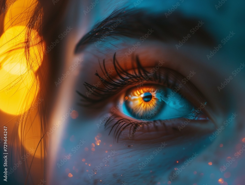 Close up focus on the eye of a young woman looking straight ahead in lights effects, having a clairvoyant vision, a mystical emotion, a spiritual feeling Close up focus on the eye of a young woman looking straight ahead in lights effects, having a clairvoyant vision, a mystical emotion, a spiritual feeling