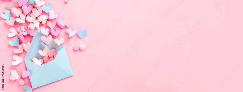 A lot of pastel colored paper hearts and envelope on pink background. Romantic love letter for valentine s day concept A lot of pastel colored paper hearts and envelope on pink background. Romantic love letter for valentine s day concept